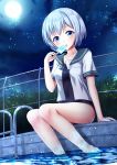  arm_support bangs bare_legs barefoot blue_eyes blush breasts bush chain-link_fence collarbone dutch_angle eyebrows_visible_through_hair fence food full_moon highres holding holding_food looking_at_viewer md5_mismatch medium_breasts moe2018 moon night night_sky omoomomo open_clothes open_shirt original outdoors parted_lips pool pool_ladder poolside popsicle school_swimsuit school_uniform serafuku shirt short_hair short_sleeves silver_hair sitting sky soaking_feet solo star_(sky) starry_sky swimsuit swimsuit_under_clothes water white_shirt 