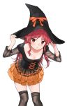  1girl breasts chigusa_asuha cleavage frilled_skirt frills halloween hat hat_tug long_hair qualidea_code red_eyes red_hair see-through sekiya_asami skirt small_breasts solo thighhighs white_background witch_hat 