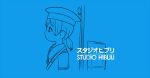  blue commentary_request dress hat hiburi_(kantai_collection) inishie kantai_collection lineart logo_parody low_ponytail machinery monochrome parody profile pun sailor_collar sailor_dress sailor_hat short_hair solo studio_ghibli upper_body 