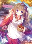  :d apron autumn_leaves basket blue_sky blush bow brown_hair chestnut day eyebrows_visible_through_hair floating_hair floral_print food frilled_apron frills hair_bow highres holding holding_food house japanese_clothes kimono long_hair long_sleeves looking_at_viewer maid_apron open_mouth original outdoors page_number purple_bow purple_eyes red_kimono sky smile solo striped striped_bow tree very_long_hair wa_maid white_apron wide_sleeves yukie_(peach_candy) 