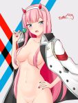  2018 blue_eyes blush breasts candy darling_in_the_franxx dated food groin hair_censor hair_over_breasts hand_on_hip horns long_hair looking_at_viewer md5_mismatch medium_breasts nail_polish navel nude open_clothes open_mouth pink_hair ppshex red_nails saliva saliva_trail solo zero_two_(darling_in_the_franxx) 