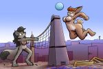  2018 ball breasts building canine city destruction duo female green_eyes hair invalid_tag jumping lagomorph long_hair macro mammal nipples nude rabbit shieltar short_hair skyscraper sport thick_thighs volleyball wolf 