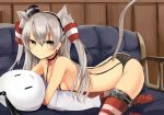  :3 amatsukaze_(kantai_collection) animal_ear_fluff animal_ears arched_back armpit_crease bare_shoulders black_panties blush brown_eyes cat_ears cat_tail commentary_request eyebrows_visible_through_hair garter_straps haik hair_between_eyes hair_tubes highres kantai_collection kemonomimi_mode long_hair looking_at_viewer panties platinum_blonde_hair red_legwear revision side-tie_panties silver_hair solo striped striped_legwear tail thighhighs topless two_side_up underwear underwear_only |_| |w| 