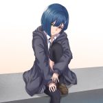  black_legwear blue_hair brown_footwear closed_mouth coat darling_in_the_franxx eyes_visible_through_hair green_eyes highres hooded_coat ichigo_(darling_in_the_franxx) loafers looking_at_viewer necktie open_clothes open_coat pleated_skirt school_uniform shoes short_hair skirt solo thighhighs yuki7128 