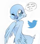  2019 anthro avian beak bird blue_beak blue_eyes blue_feathers breasts english_text feathers featureless_breasts female fluffysmolcloud looking_at_viewer meme non-mammal_breasts nude one_eye_closed simple_background smile solo text tweetfur twitter wings wink 