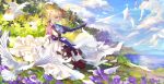  ana_bi bangs bird blonde_hair blue_eyes blue_jacket braid brooch cloud dove dress flower flying_paper gloves grass hair_between_eyes hair_intakes hair_ribbon highres jacket jewelry lake letter long_sleeves paper red_ribbon ribbon sitting sky solo tree violet_(flower) violet_evergarden violet_evergarden_(character) water wind 