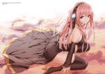  backless_outfit bangs bare_shoulders black_dress blue_eyes breasts dress eyebrows_visible_through_hair hairband high_heels highres large_breasts long_hair looking_at_viewer megurine_luka open_mouth pink_hair saitou_masatsugu sitting solo thighhighs vocaloid wariza 