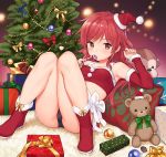  1girl arm_warmers armpits black_panties cameltoe camisole candy candy_cane chigusa_asuha christmas christmas_tree food fur_trim gift hat legs_up looking_at_viewer lying on_back orange_eyes panties qualidea_code red_hair santa_costume santa_hat sekiya_asami solo stuffed_animal stuffed_toy teddy_bear underwear 