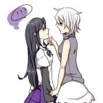  2girls ?? ayukae bare_shoulders black_hair crossover from_side hand_on_another's_chin long_hair long_sleeves looking_at_another lowres multiple_girls purple_skirt sabitsuki shirt short_hair skirt sleeveless sleeveless_shirt sometsuki ultraviolet very_long_hair white_background white_hair white_skirt yuri 