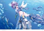  air_bubble armor armored_boots artist_name ass bad_id bad_yandere_id blue boots bubble copyright_name day feathered_wings fish hair_between_eyes halo highres leotard looking_at_viewer looking_back original outdoors page_number purple_eyes purple_hair saitou_masatsugu short_hair solo underwater vambraces white_wings wings 