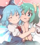  :t ^_^ aqua_eyes aqua_hair bangs blue_bow blue_dress blue_hair blush bow bowtie cheek-to-cheek cirno closed_eyes closed_mouth daiyousei do_(4-rt) dress eyebrows_visible_through_hair fairy_wings flying_sweatdrops gradient gradient_background green_skirt hair_bow hands_on_own_chest heart highres hug ice ice_wings multiple_girls one_eye_closed one_side_up open_mouth pinafore_dress pink_background puffy_short_sleeves puffy_sleeves red_bow red_neckwear shirt short_hair short_sleeves skirt smile tareme touhou upper_body white_shirt wings yellow_bow yuri 