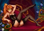  2018 blood_elf breasts clothing digital_media_(artwork) dragonfu elf female green_eyes hair humanoid legwear lingerie long_hair looking_at_viewer not_furry pointy_ears ponytail solo stockings video_games warcraft 