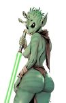  breasts butt clothed clothing female ganodi lightsaber naughty_face nipples partially_clothed portrait pose renx rodian side_boob solo star_wars three-quarter_portrait weapon 