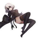  black_blindfold black_dress black_hairband blacktheif blindfold boots cleavage_cutout commentary covered_eyes dress facing_viewer feather-trimmed_sleeves full_body hairband high_heel_boots high_heels highleg highleg_leotard highres juliet_sleeves leotard long_sleeves nier_(series) nier_automata pink_lips puffy_sleeves reclining short_dress side_slit silver_hair simple_background solo thigh_boots thighhighs thighhighs_under_boots turtleneck vambraces white_background white_leotard yorha_no._2_type_b 