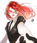  androgynous blurry depth_of_field foreshortening gem_uniform_(houseki_no_kuni) gloves highres holding_hand houseki_no_kuni looking_at_viewer mercury necktie out_of_frame outstretched_arm pov pov_hands red_eyes red_hair shinsha_(houseki_no_kuni) solo_focus sparkle touko_(nasitomatu) 