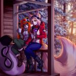  2018 5_fingers anthro black_nose breasts canine clothed clothing day detailed_background digital_media_(artwork) duo eyelashes feline female hair leopard male mammal orange_hair outside pollo-chan smile winter 