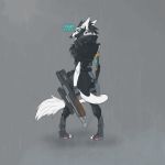  animated armor black_fur black_hair black_jacket blue_eyes derpwolfy18971 fur gun hair halo looking_back multicolored_fur neon raining ranged_weapon sergal solo standing two_tone_fur weapon white_fur white_tail 