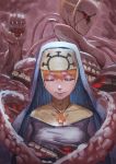  closed_eyes closed_mouth commentary cross cross_necklace double_(skullgirls) extra_eyes facing_viewer habit hair_between_eyes headdress horror_(theme) jewelry necklace nun orange_hair skullgirls smile solo tentacles zakusi 