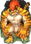  2018 abs anthro biceps big_muscles captainjohkid digital_media_(artwork) feline flakjacket0204 fur hi_res male mammal muscular muscular_male pecs simple_background stripes teeth tiger 