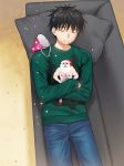  1boy black_hair chigusa_kasumi christmas_sweater confetti couch crossed_arms eyes_closed hat hat_removed headwear_removed male_focus party_hat qualidea_code santa_claus sekiya_asami short_hair sleeping solo 