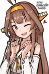  ahoge artist_name brown_hair dated detached_sleeves double_bun hairband headgear highres kantai_collection kongou_(kantai_collection) long_hair looking_at_viewer nontraditional_miko one_eye_closed open_mouth orange_hairband purple_eyes remodel_(kantai_collection) ribbon-trimmed_sleeves ribbon_trim simple_background smile solo tiemu_(man190) twitter_username white_background 