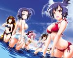  ahoge ajimu_najimi aka_aoki akatsuki_akira alternate_hair_length alternate_hairstyle ass bare_shoulders bikini blue_hair breasts brown_eyes brown_hair cleavage day dutch_angle emukae_mukae glasses kikaijima_mogana kurokami_medaka long_hair looking_at_viewer medaka_box medium_breasts multiple_girls navel naze_youka ocean official_art open_mouth outdoors pink_hair ponytail purple_eyes short_hair sky smile splashing swimsuit very_long_hair water 