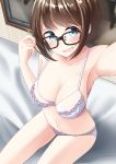  :d bare_arms bare_shoulders bed_sheet black-framed_eyewear blue_eyes blush bra breasts brown_hair cleavage closed_mouth collarbone glasses hand_up head_tilt looking_at_viewer medium_breasts nekobaka open_mouth original outstretched_arm panties reaching_out self_shot short_hair sitting smile solo underwear underwear_only white_bra white_panties 