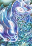  blue_skin bubble commentary endivinity face kyogre legendary_pokemon no_humans pokemon pokemon_(creature) primal_kyogre red_eyes signature solo traditional_media underwater 