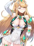  3: absurdres arm_up armpits ass_visible_through_thighs bangs blonde_hair blush breasts cleavage cleavage_cutout closed_mouth covered_navel cowboy_shot dress elbow_gloves gloves green_panties hairband hews_hack highres hikari_(xenoblade_2) huge_filesize jewelry large_breasts long_hair looking_at_viewer paid_reward panties patreon_reward see-through short_dress sidelocks simple_background single_earring solo swept_bangs thigh_strap underwear very_long_hair white_background white_dress white_gloves xenoblade_(series) xenoblade_2 yellow_eyes 