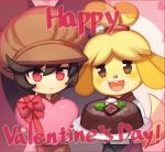  animal_crossing anthro ashley_(warioware) black_hair blonde_hair cake canine clothing crossover dipstick_tail duo english_text female food fur gift hair hair_ornament holidays human isabelle_(animal_crossing) long_ears mammal multicolored_tail nintendo ponytail text valentine&#039;s_day video_games warioware white_fur wusagi2 yellow_fur 