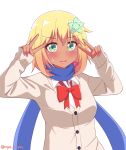  bad_id bad_pixiv_id blonde_hair blush bow bowtie cardigan chisaki_tapris_sugarbell commentary_request dark_skin double_v earrings eyebrows_visible_through_hair flower gabriel_dropout green_eyes gyaru hair_flower hair_ornament heart heart_earrings highres jewelry lipstick long_sleeves loose_bowtie makeup nail_polish nervous_smile nyaroon pink_nails scarf school_uniform short_hair single_earring solo sweat tan twitter_username v v_over_eye white_background 