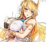  1girl azur_lane bangs bar_censor blonde_hair blue_eyes blush breast_squeeze breasts censored chain crossed_arms cum cum_on_body cum_on_breasts cum_on_upper_body dated ejaculation_between_breasts eyebrows_visible_through_hair eyelashes floating_hair flower_ornament hair_ornament hetero kurokawa_otogi large_breasts laurel_crown long_hair looking_at_viewer open_mouth out_of_frame paizuri penis ribbon upper_body veil very_long_hair victorious_(azur_lane) wrist_ribbon 