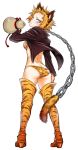  aira_kanae akatsuki_akira alcohol animal_ears animal_print ass blush boots breasts cat_ears chain green_eyes highres jacket juuni_taisen looking_at_viewer looking_back midriff official_art orange_hair panties simple_background small_breasts solo thigh_boots thighhighs tiger_print underwear white_background 