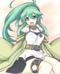  bare_shoulders belt breasts choker coat commentary_request duel_monster green_eyes green_hair hair_ornament highres jewelry long_hair looking_at_viewer medium_breasts nanashino_(nanasino101) open_mouth ponytail skirt smile solo winda_priestess_of_gusto yuu-gi-ou 