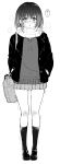  absurdres bag blush full_body greyscale hair_ornament hairclip hands_in_pockets highres hoshizuki_kaede kneehighs kyokucho loafers monochrome open_mouth original pleated_skirt scarf school_bag school_uniform shoes simple_background skirt solo trembling white_background 