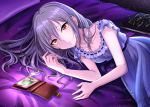  absurdres blanket breasts cellphone cleavage hair_down highres idolmaster idolmaster_cinderella_girls kanzaki_ranko long_hair medium_breasts nightgown parted_lips phone popon_ta red_eyes silver_hair smartphone smartphone_case solo 