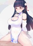  1girl :q azur_lane bangs bare_shoulders blunt_bangs blush breasts china_dress chinese_clothes cleavage cleavage_cutout commentary_request covered_navel cowgirl_position detached_sleeves dress eyebrows_visible_through_hair flower hair_flower hair_ornament hetero highres huge_breasts implied_sex kuavera looking_at_viewer pelvic_curtain purple_hair red_eyes signature smile solo_focus straddling tongue tongue_out yat_sen_(azur_lane) 