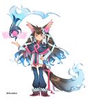  animal_ears ankle_boots bad_id bad_pixiv_id bangs black_capelet black_legwear blue_fire boots brown_footwear brown_hair capelet closed_mouth dress fire hair_between_eyes hair_ribbon hand_on_hip highres long_hair long_sleeves looking_at_viewer original pink_eyes pink_ribbon pleated_dress ribbon simple_background solo standing tail tail_ribbon thighhighs twintails twitter_username very_long_hair white_background white_dress white_ribbon yai_(hachihito) 