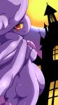  2017 areola belly big_belly big_butt blush breasts building butt cape clothing female ghost hat hi_res looking_at_viewer looking_back mismagius moon night nintendo nipples outside pok&eacute;mon pok&eacute;mon_(species) pok&eacute;morph pregnant purple_body rear_view red_eyes smile solo spirit standing tokemaru video_games wide_hips yellow_sclera 