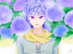  artist_name chakoji dragon_quest dragon_quest_heroes dragon_quest_heroes_ii flower male_focus open_mouth pink_eyes purple_hair razel scarf solo upper_body 