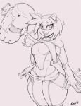  2018 amy_rose anthro black_nose breasts clothing female gloves hair hammer hedgehog looking_at_viewer mammal monochrome short_hair smile snao solo sonic_(series) thick_thighs tools voluptuous wide_hips 