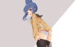 ass blue_hair blush dressing fujieda_uzuki gray panties pantyhose purple_eyes seifuku shima_rin underwear yuru_camp 