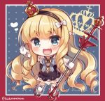  :d azur_lane bangs black_hairband blonde_hair blue_background blue_eyes blush border bow chibi commentary crown drill_hair eyebrows_visible_through_hair fang full_body gloves hair_bow hairband heart holding long_hair looking_at_viewer mini_crown open_mouth queen_elizabeth_(azur_lane) red_border smile solo suzune_rena twitter_username very_long_hair white_bow white_gloves 