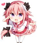  :d arm_behind_back astolfo_(fate) bangs black_bow black_footwear blush bow braid chibi commentary_request crop_top dot_nose eyebrows_visible_through_hair eyelashes eyes_visible_through_hair fang fate/apocrypha fate/grand_order fate_(series) full_body hair_between_eyes hair_bow hair_intakes hands_up happy heart leaning_forward loafers long_braid long_hair looking_at_viewer male_focus miniskirt multicolored_hair navel neckerchief open_hand open_mouth otoko_no_ko parted_bangs pink_hair pink_neckwear pleated_skirt purple_eyes raised_eyebrows red_sailor_collar red_skirt sailor_collar school_uniform serafuku shirt shoes short_hair_with_long_locks short_sleeves simple_background single_braid skirt sleeve_cuffs smile solo standing streaked_hair thighhighs tsukudani_norio tsurime two-tone_hair v white_background white_hair white_legwear white_shirt x_navel 