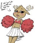  2018 antlers bedroom_eyes blush brown_fur cartoon_network cervine cheerleader clothing deer ears_down embarrassed female flat_chested fur half-closed_eyes horn looking_at_viewer mammal midriff navel open_mouth penny_fitzgerald pompoms seductive simple_background skirt solo soulcentinel standing sweat the_amazing_world_of_gumball white_background young 
