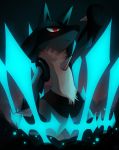  closed_mouth commentary cowboy_shot creature dark gen_4_pokemon highres looking_up lucario no_humans outstretched_arm pokemon pokemon_(creature) red_eyes rock-bomber serious smoke solo spikes standing sword weapon 