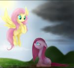  blue_eyes cloud cutie_mark duo earth_pony equine feathered_wings feathers female feral fluttershy_(mlp) friendship_is_magic grass horse mammal mn27 my_little_pony outside pegasus pinkamena_(mlp) pinkie_pie_(mlp) pony sky wings yellow_feathers 
