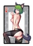  animal_ears ass back backless_panties blue_eyes card cat_ears cat_tail ela_(rainbow_six_siege) fj_wu_cheng'en green_hair highres leggings looking_to_the_side nail_polish nipples panties pink_nails playing_card rainbow_six_siege short_hair smile solo tail thigh_strap underwear 