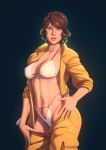  absurdres april_o'neil bad_id bad_pixiv_id bikini breasts breasts_apart brown_eyes brown_hair cameltoe covered_nipples hand_on_hip highres john_doe looking_at_viewer medium_breasts navel pubic_hair short_hair solo stomach sweat swimsuit teenage_mutant_ninja_turtles thong_bikini toned white_bikini 