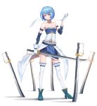  absurdres anklet bandaged_hands bandages bangs bare_shoulders belt belt_buckle blue_eyes blue_hair blue_skirt blush boots breasts buckle cleavage collarbone du_mogu eyebrows_visible_through_hair facial_scar fortissimo fortissimo_hair_ornament frilled_shirt frills full_body gloves hair_ornament high_heel_boots high_heels highres holding holding_sword holding_weapon jewelry legs looking_at_viewer mahou_shoujo_madoka_magica medium_breasts midriff miki_sayaka planted_sword planted_weapon scar shirt short_hair single_glove skirt solo soul_gem strapless sword thighhighs thighs torn_clothes v-shaped_eyebrows waist_cape weapon white_gloves white_legwear zettai_ryouiki 